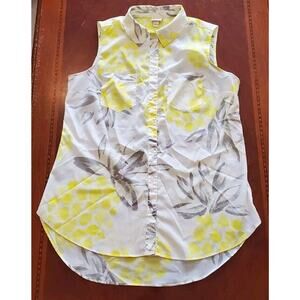 Women's Merona White Yellow Gray Sheer Floral Sleeveless Button Down Blouse LG